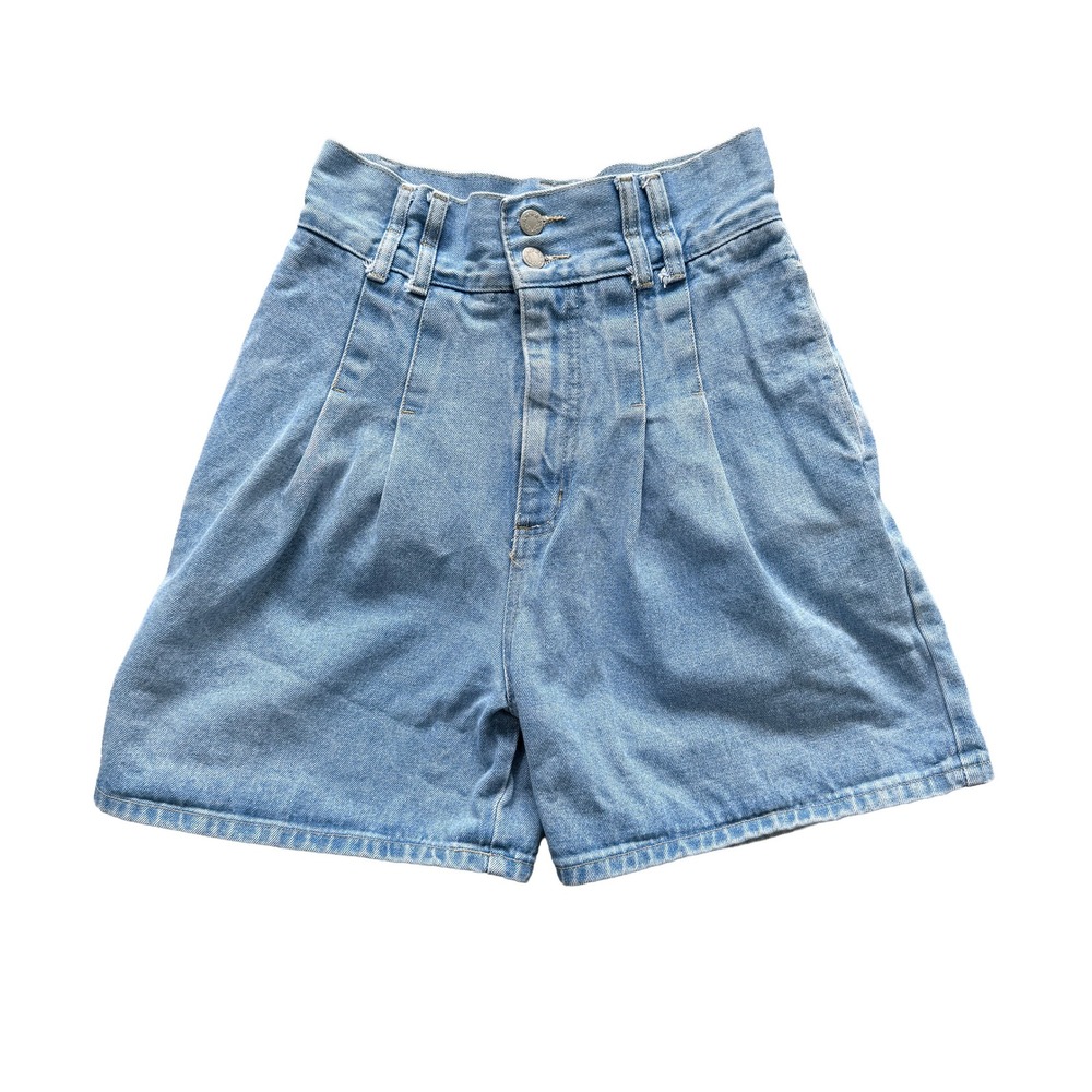 Vintage Eunina California USA High Rise Pleated Denim Shorts Light Wash Blue 26"